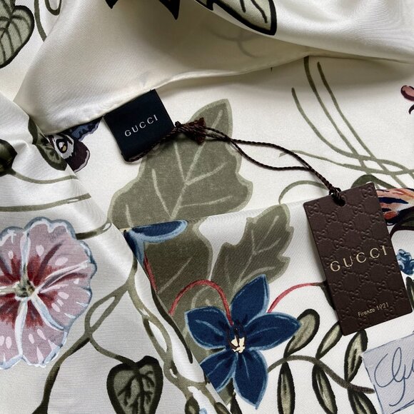 Gucci Silk Wrap Logo Kris Knight Floral Print Ivory Multicolor Scarf - Picture 9 of 15